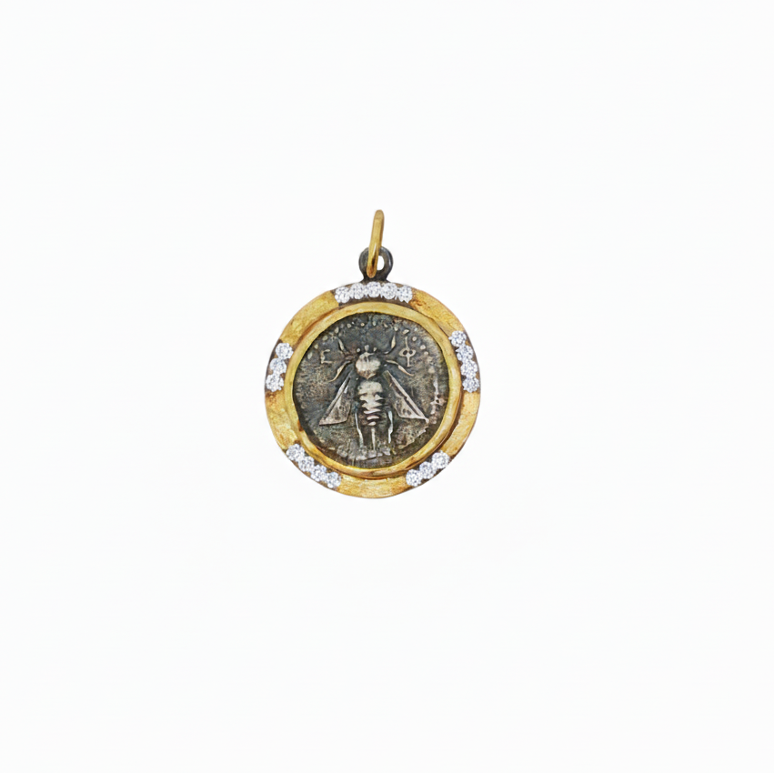 24k Yellow Gold Diamond SterlingSilver Ephesus Coin Charm
