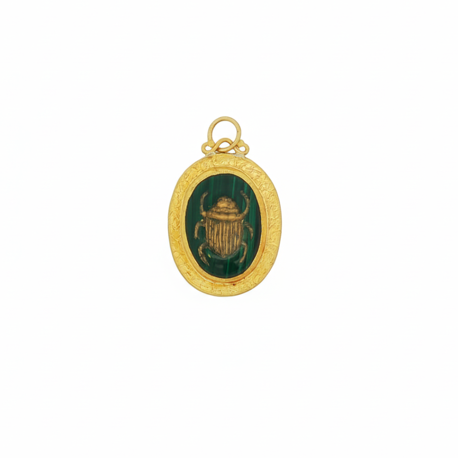 24k Yellow Gold Malachite Sterling Silver Scarab Charm Pendant