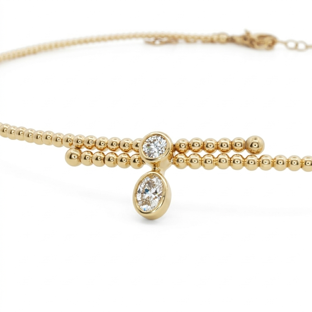 14k Yellow Gold Bezel Set Diamond Drop Ball Chain Choker