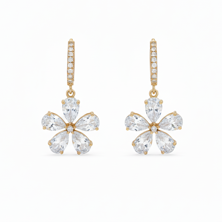 14k Yellow Gold Diamond Flower Earrings