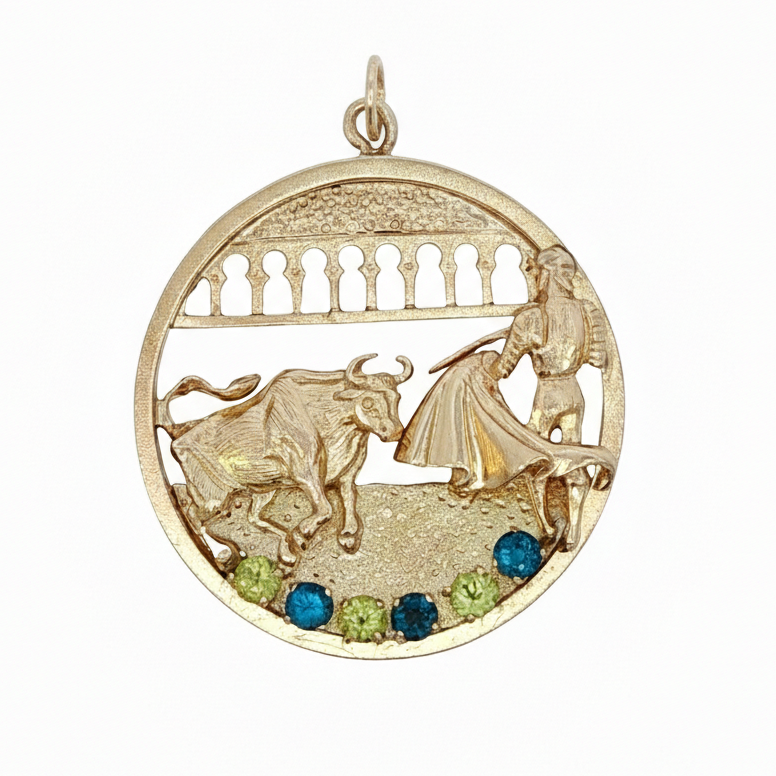 14k Yellow Gold Blue Topaz Green Tourmaline Matador Charm