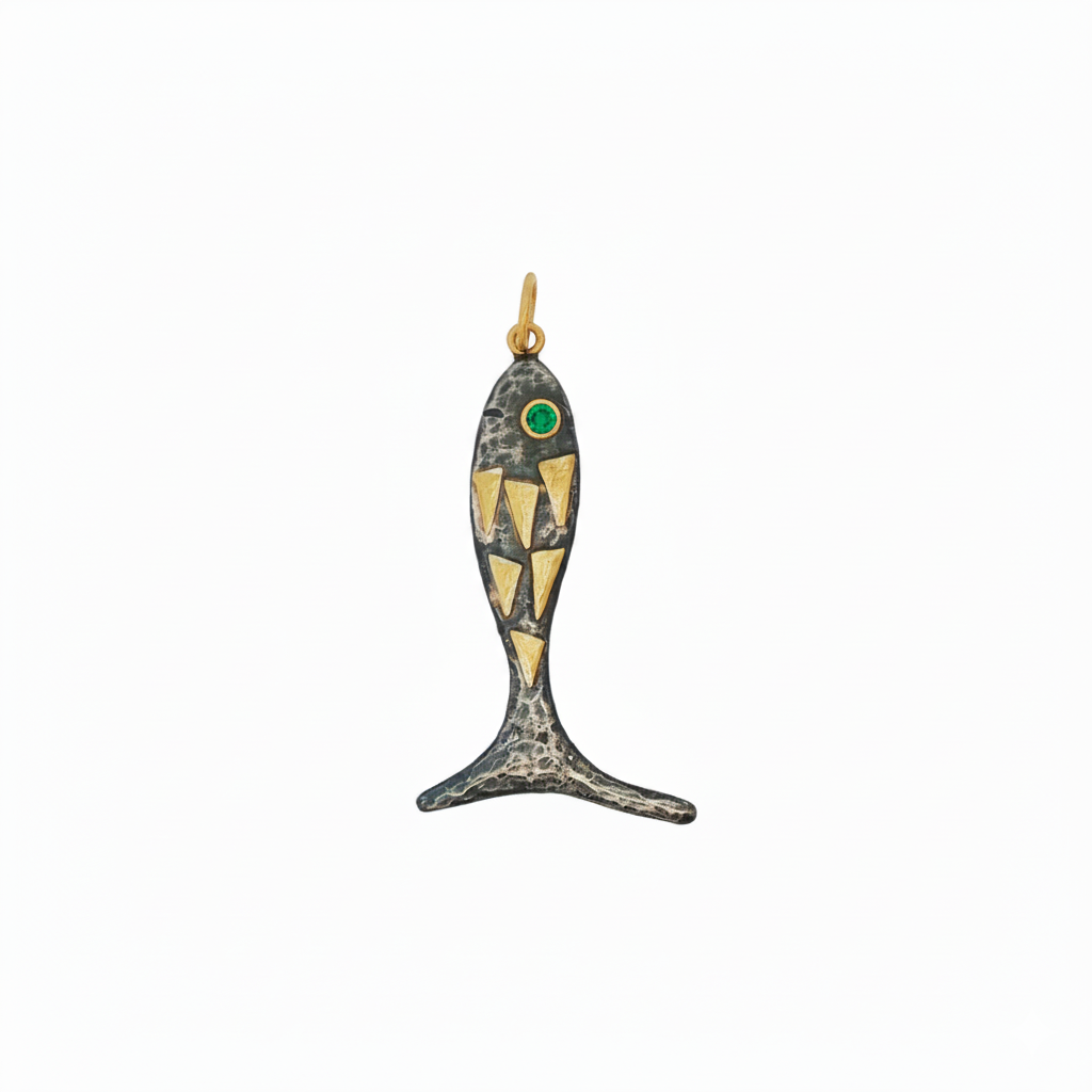 24k Yellow Gold Emerald Silver Fish Charm Pendant