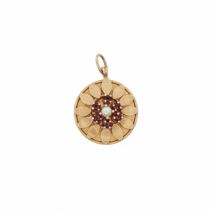 14k Yellow Gold Floral Amethyst and Pearl Charm Pendant