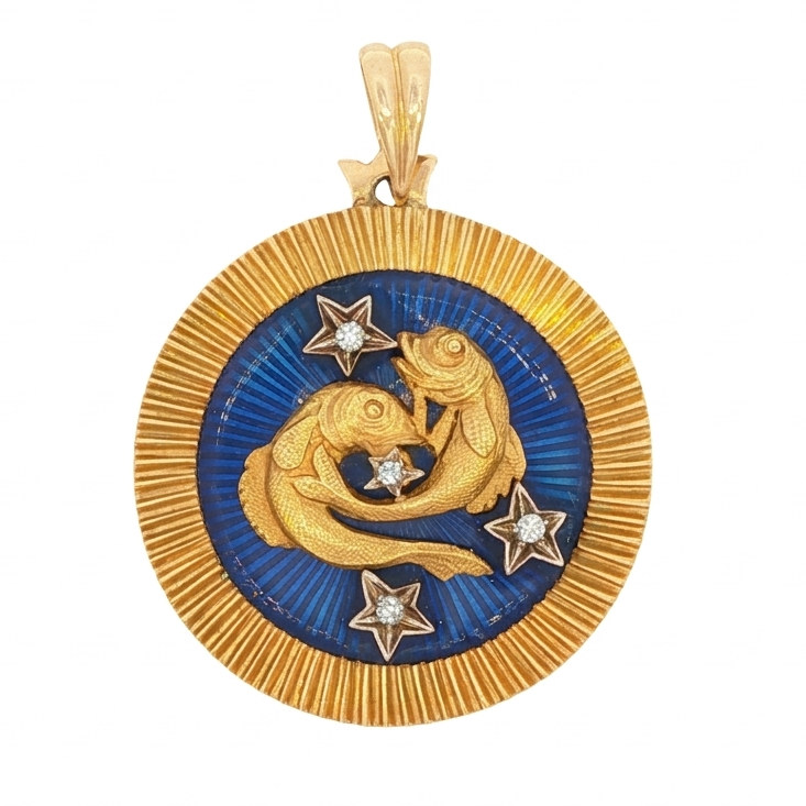 18K Yellow Gold Diamond Lapis Pisces Pendant