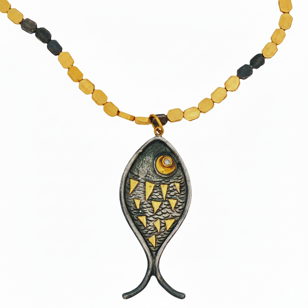 24k Gold Diamond Silver Fish Pendant
