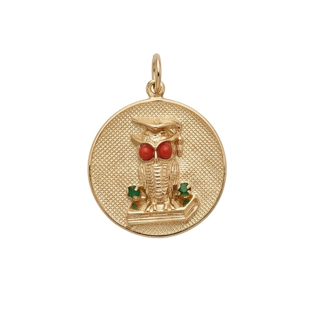 14 Karat Yellow Gold Red and Green Enamel Vintage Owl Bird Charm