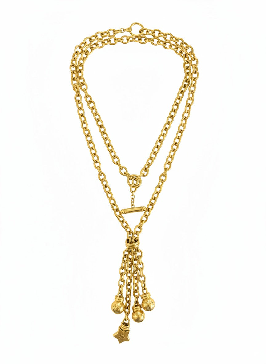 1990s Italian 14k yellow gold vintage rolo lariat chain necklace with front toggle clasp.