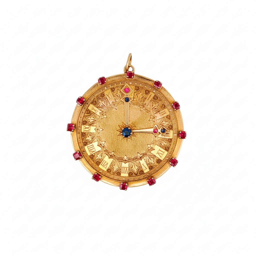 18k Yellow Gold Ruby and Sapphire Vintage Clock Charm