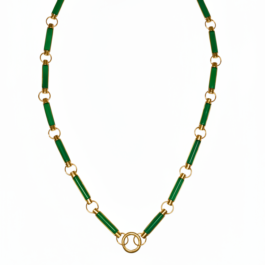 14k Yellow Gold Green Onyx Oval Link Chain with lush-in Circle