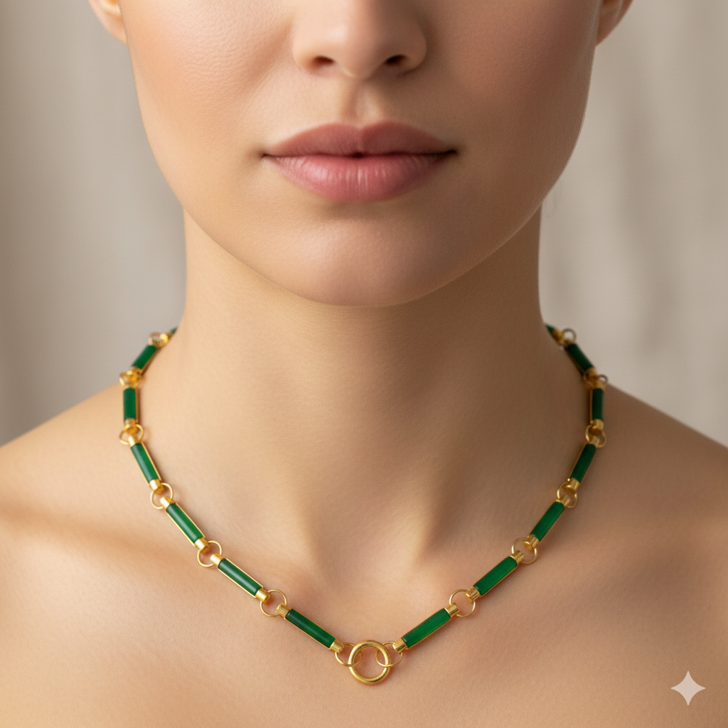 14k Yellow Gold Green Onyx Oval Link Chain with lush-in Circle
