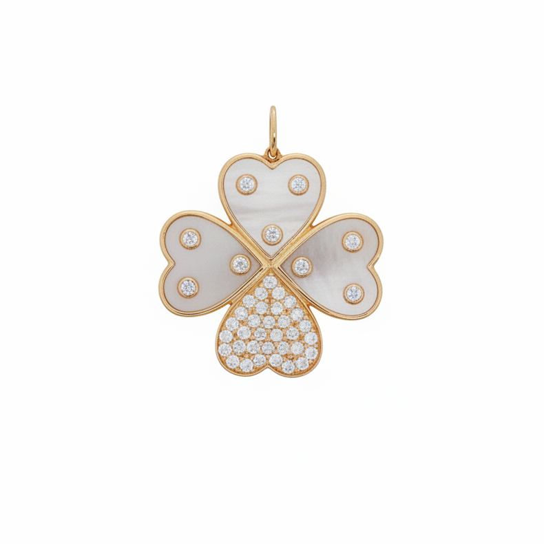 14k Yellow Gold Mother of Pearl Diamond Clover Charm
