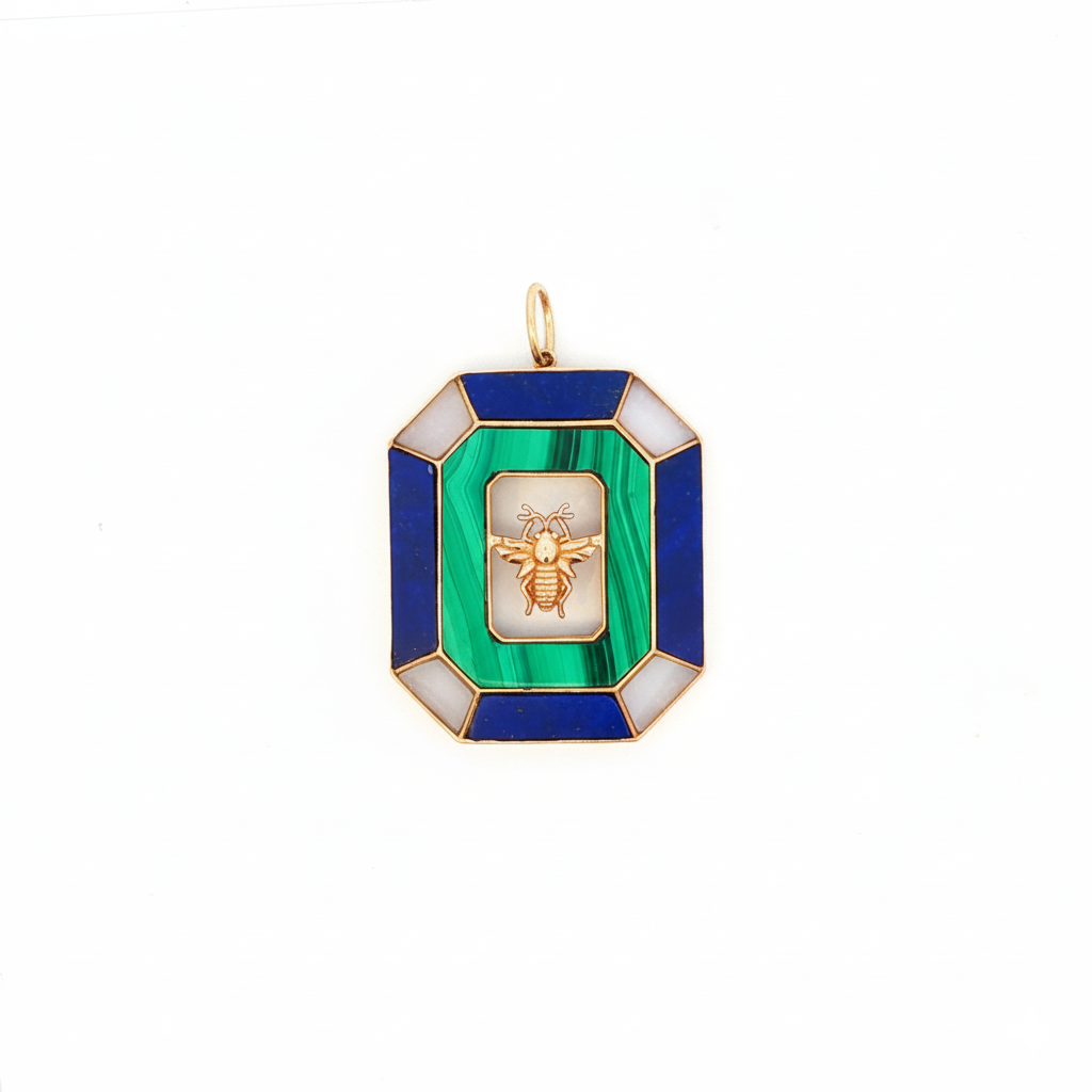 14k Yellow Gold Lapis Malachite Geometric Bee Pendant Charm