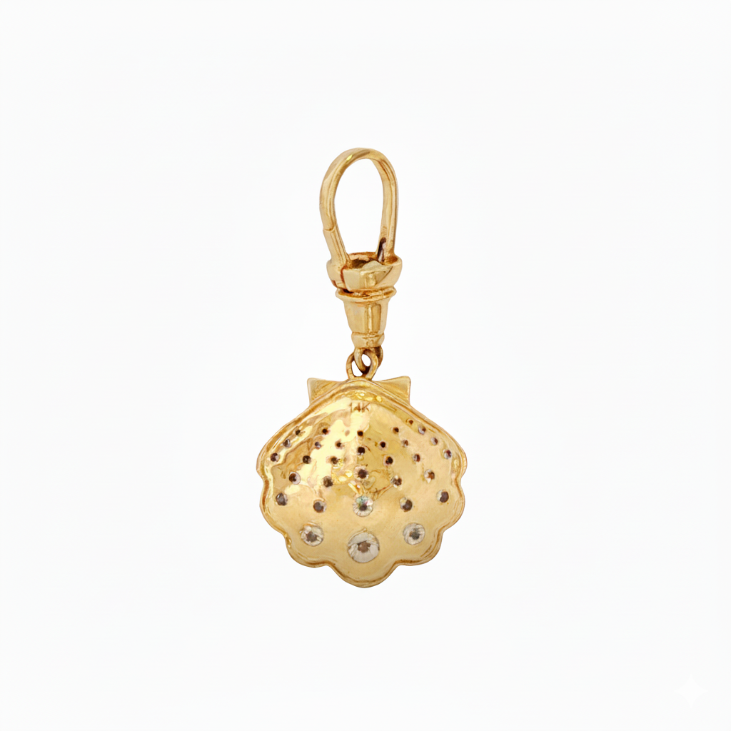 14k Yellow Gold Rhodium Diamond Seashell Push-in Clasp Charm
