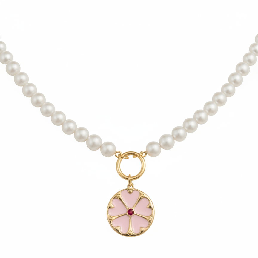14k Yellow Gold Pearl Push In Circle Necklace
