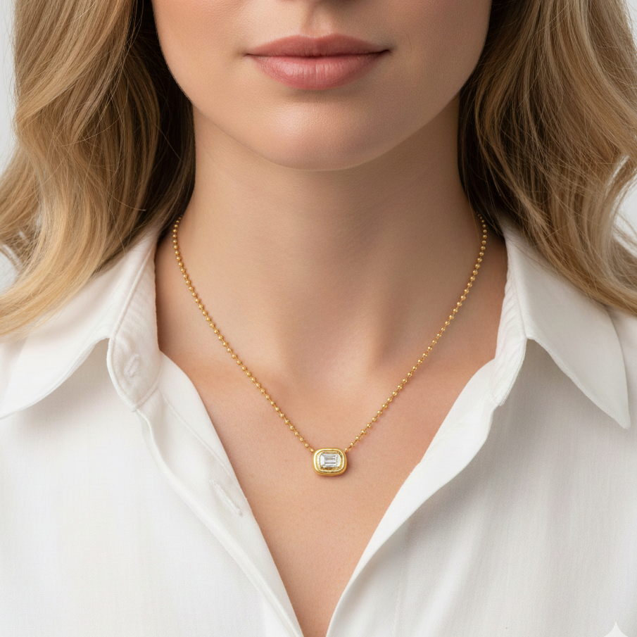 14k Yellow Gold 1 carat Lab Diamond Emerald Cut 2mm Ball Chain Necklace