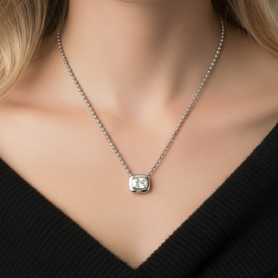 14k White Gold 2 Carat Lab Diamond Cushion Cut 2.5 mm Ball Chain Necklace