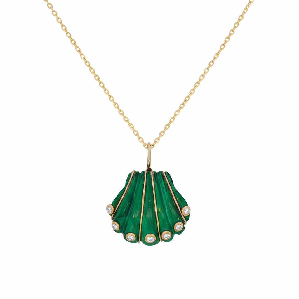 14k Yellow Gold Malachite Diamond Shell Charm