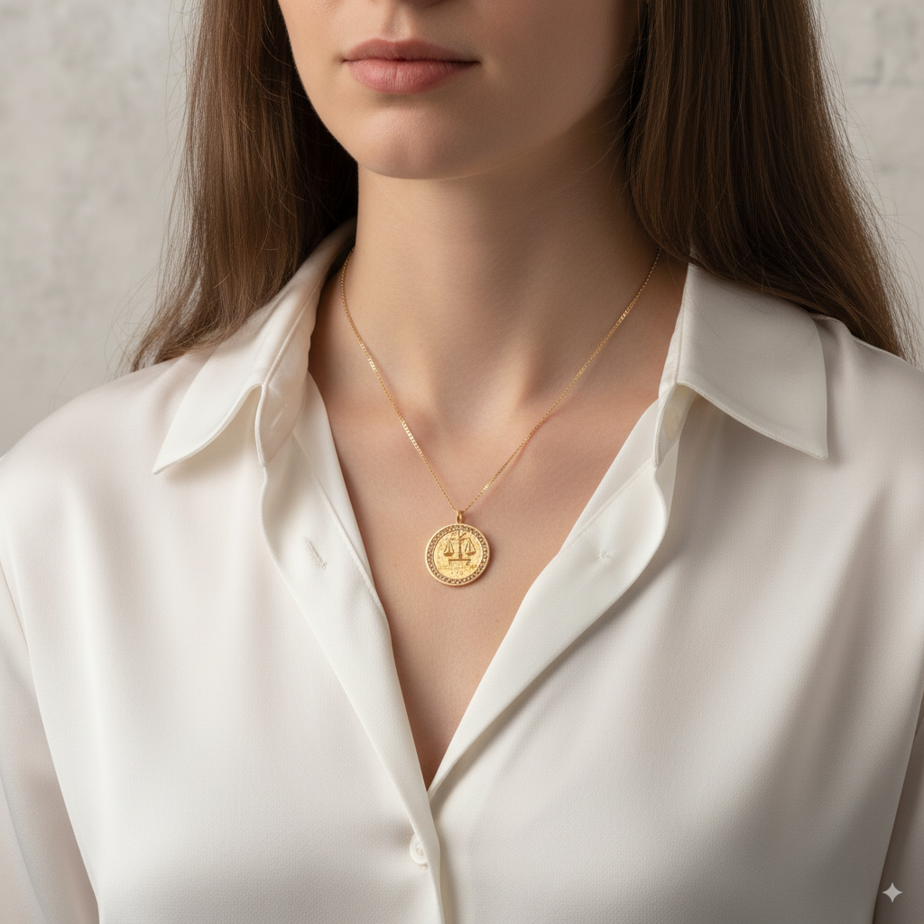 Woman wearing a gold necklace with a circular pendant against a neutral background