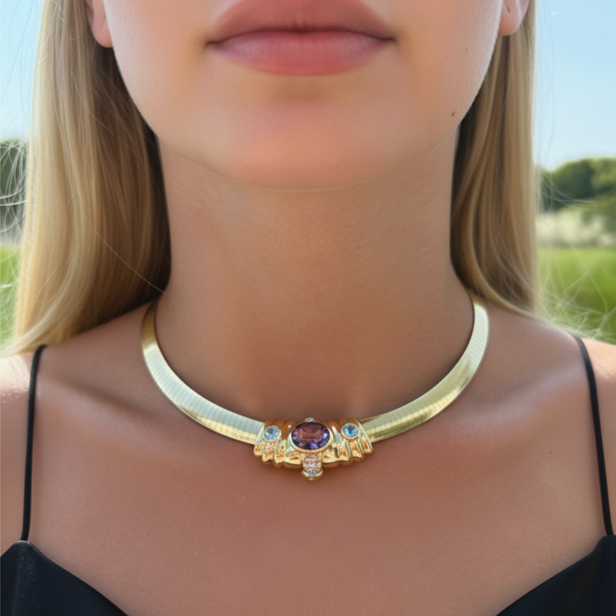 Vintage 1980s gold slide pendant with amethyst, citrine, peridot, blue topaz, and diamond