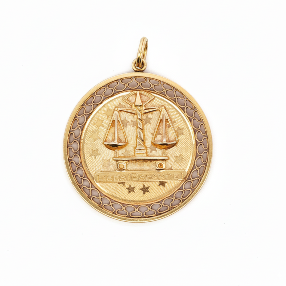 14k Yellow Gold 1970s Vintage Libra Zodiac Charm Astrology Pendant