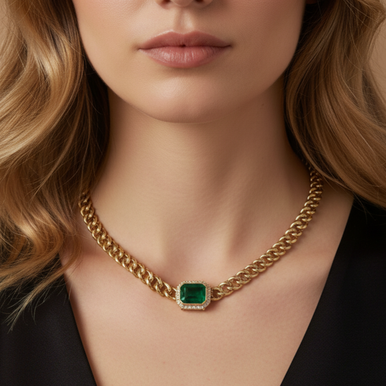 14k Yellow Gold Emerald Diamond Vintage Curb Link Necklace