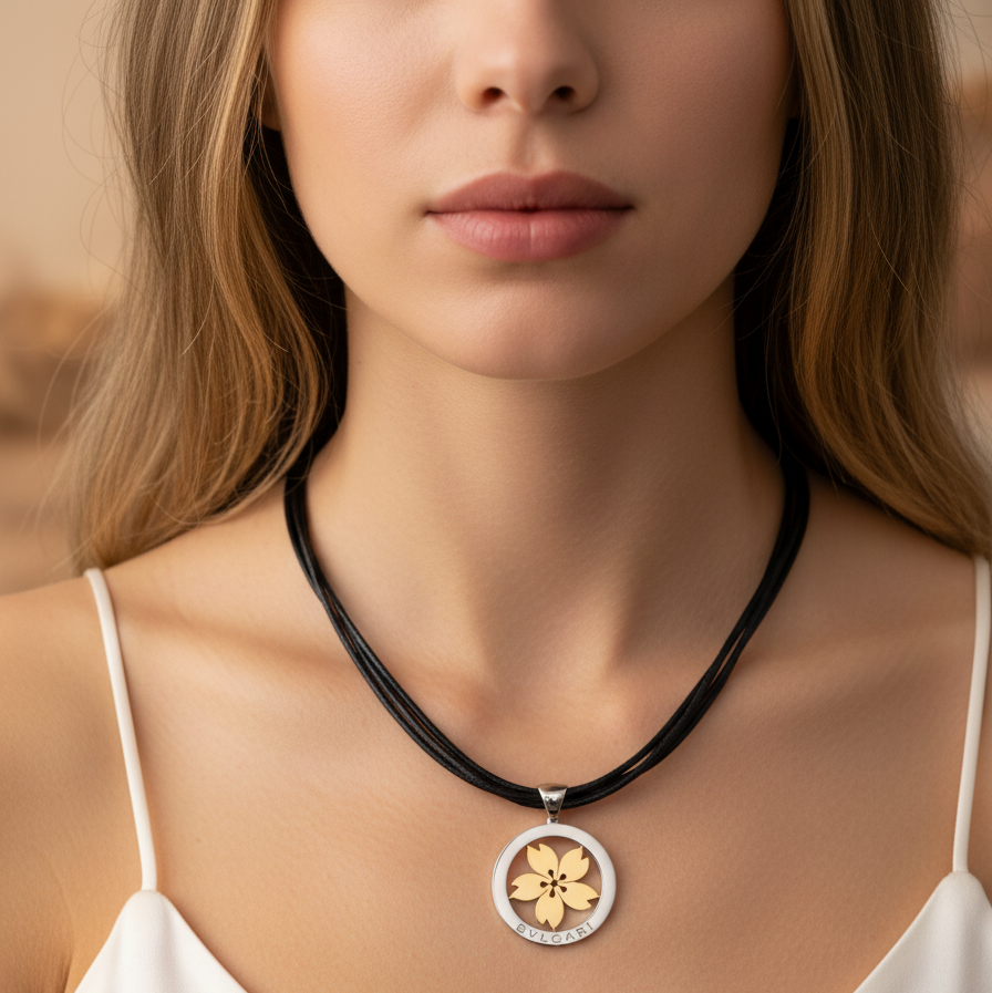 Close-up of 1980s Bvlgari pendant in 18k yellow and white gold showing Italian hallmarks