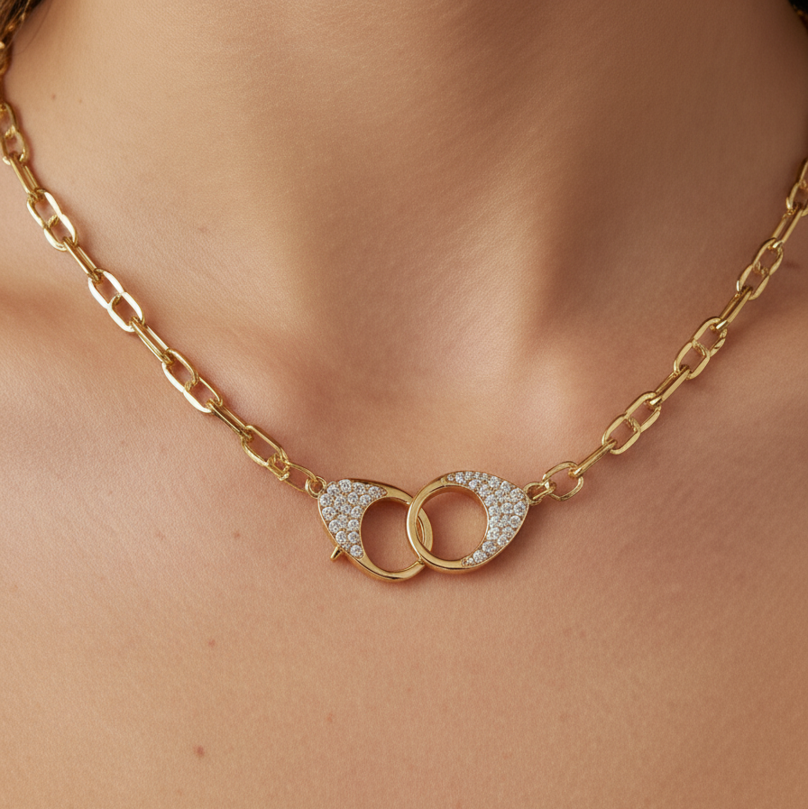 14k yellow gold diamond contemporary handcuff necklace angled view