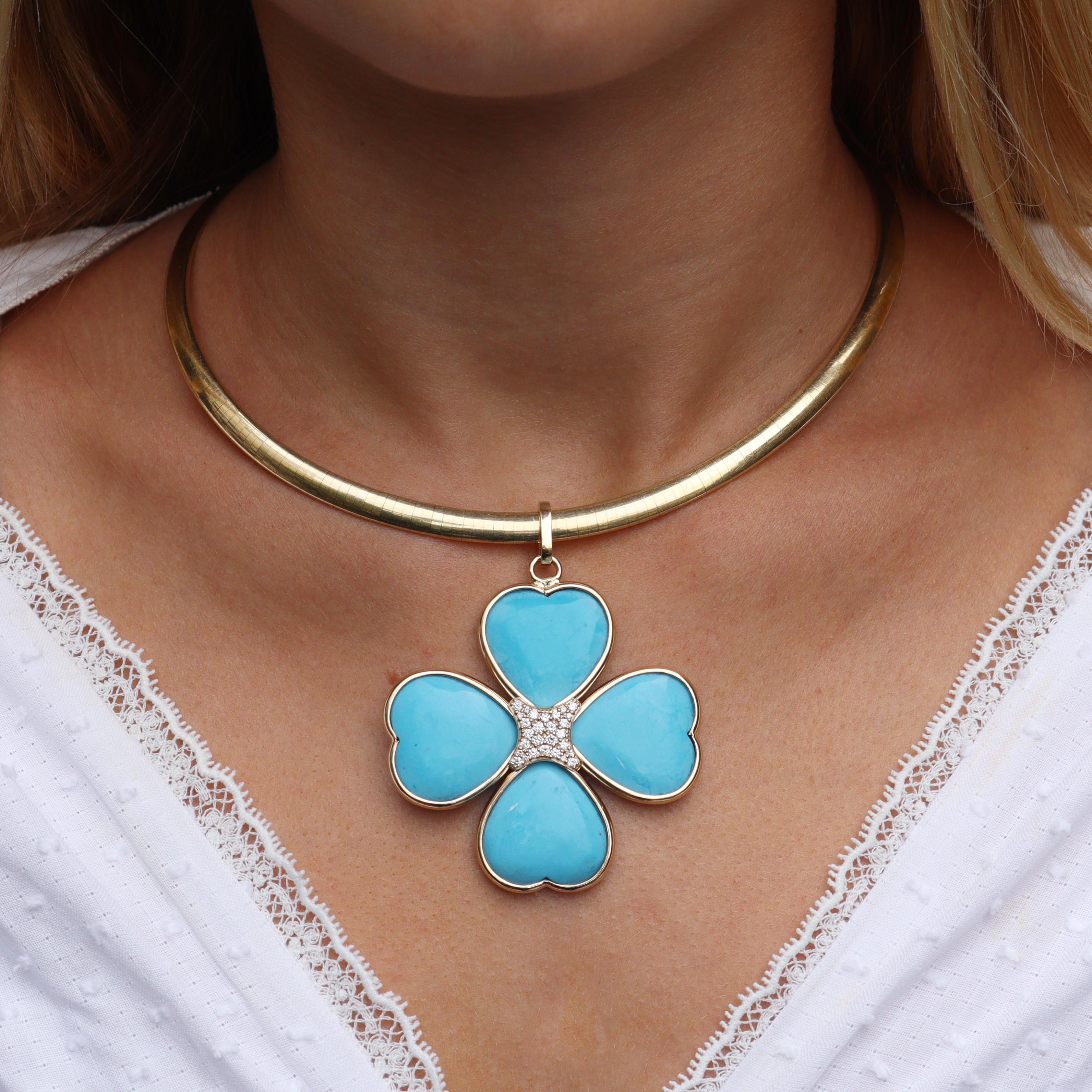 Handmade Diamond and Natural Turquoise Clover 14k Gold Pendant