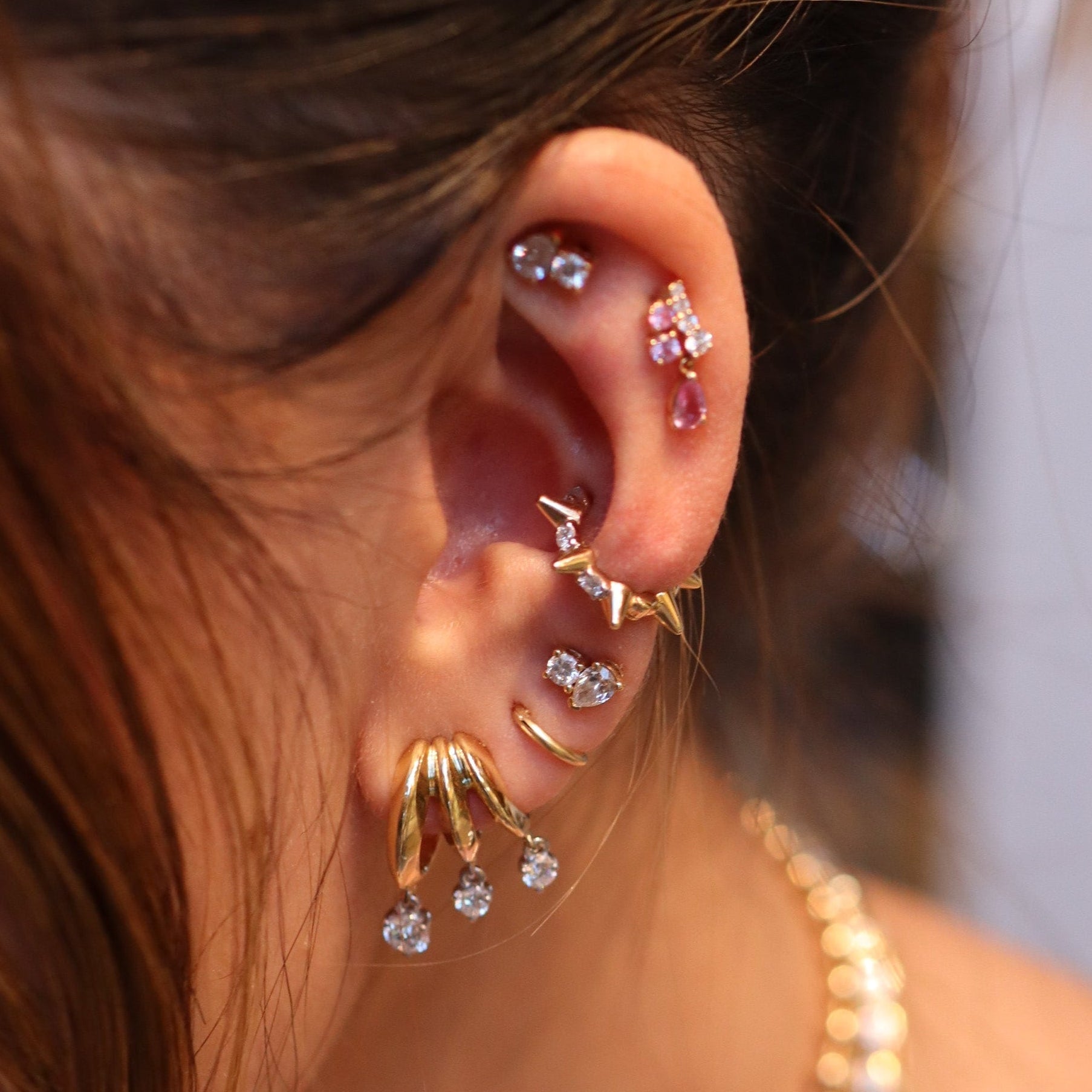 14K Gold Diamond Multi-Hoop Drop Earrings