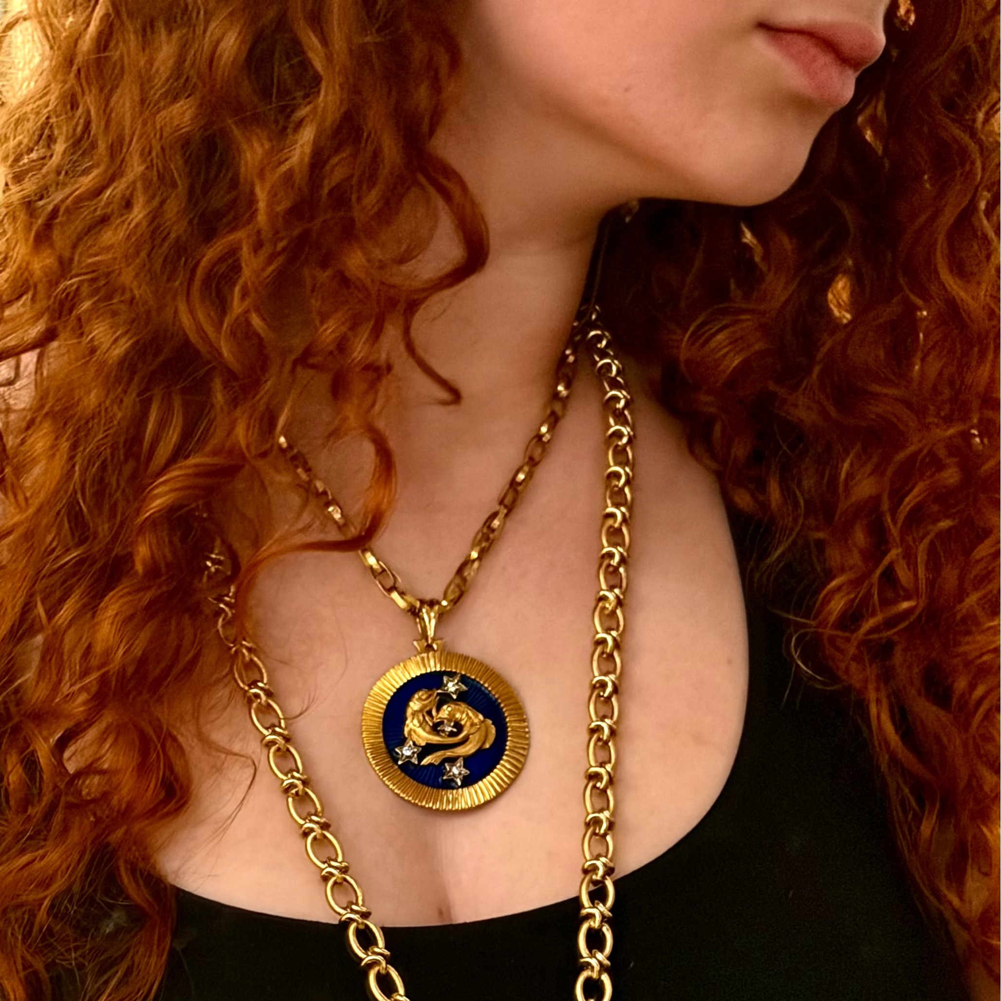 18k Yellow Gold Blue Enamel Pisces Zodiac Pendant With Diamond Accents