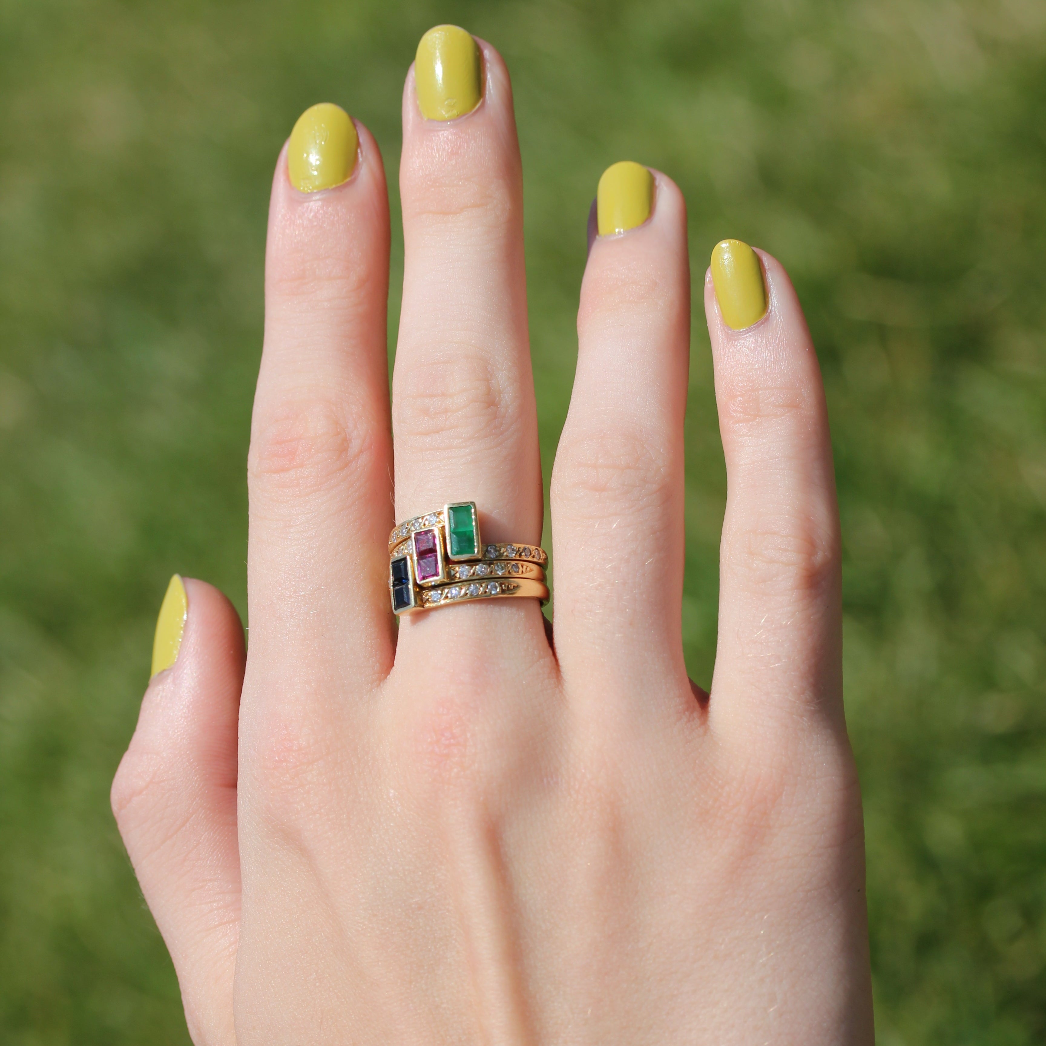 18k Yellow Gold Triple Stacking Ruby, Emerald, Sapphire with Diamond Band Rings