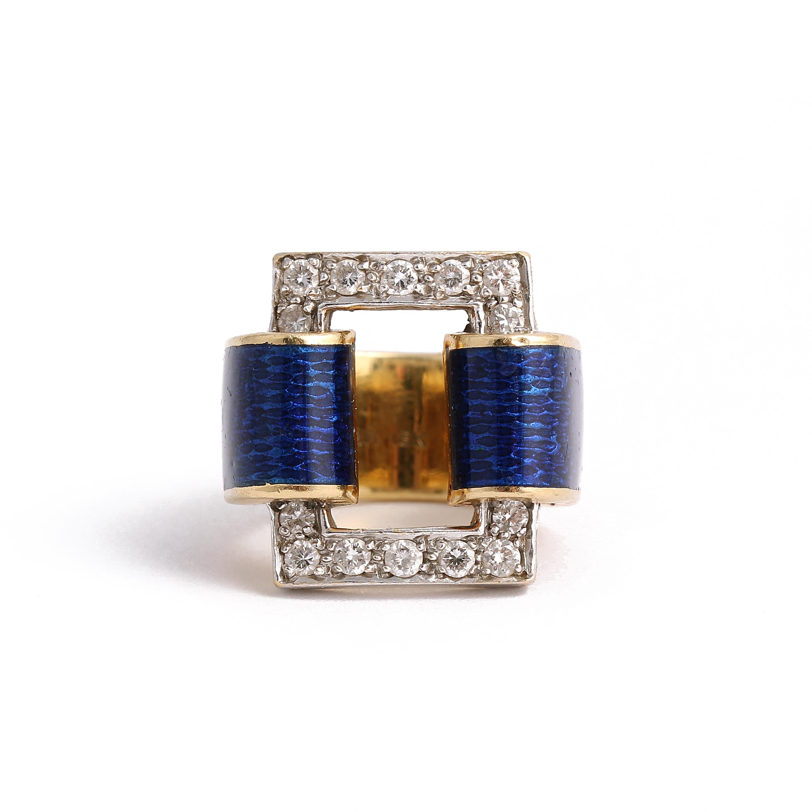 18k Yellow Gold Vintage 1 carat Diamond Blue Guilloché Enamel Geometric Ring