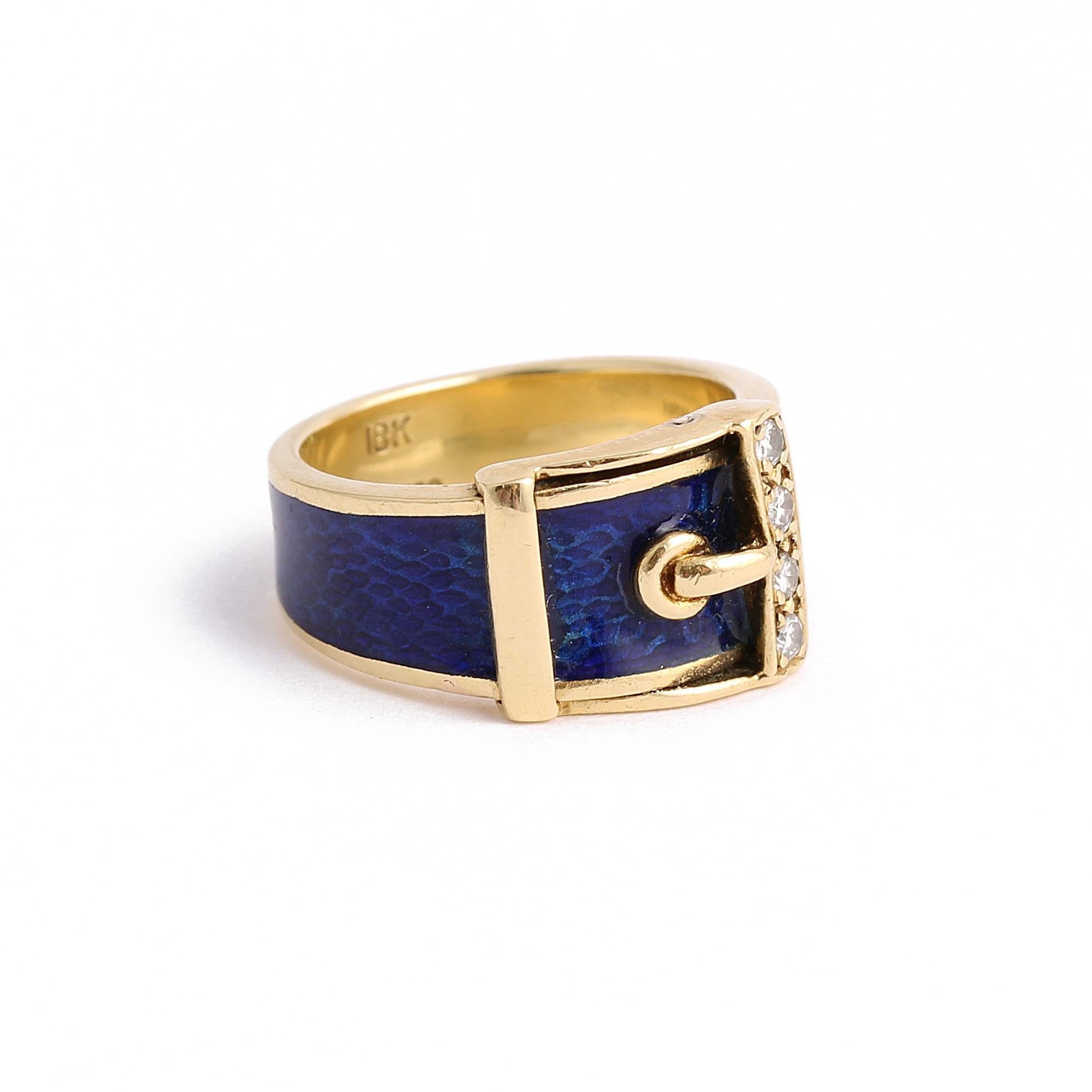 Vintage Diamond & Blue Enamel Buckle 18k Gold Ring