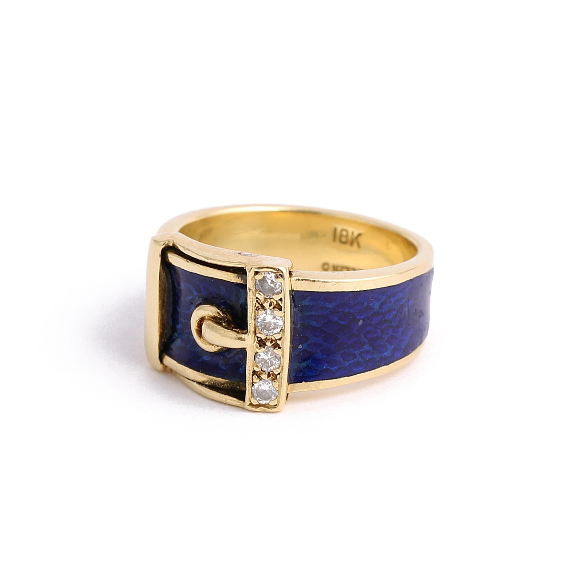 Vintage Diamond & Blue Enamel Buckle 18k Gold Ring