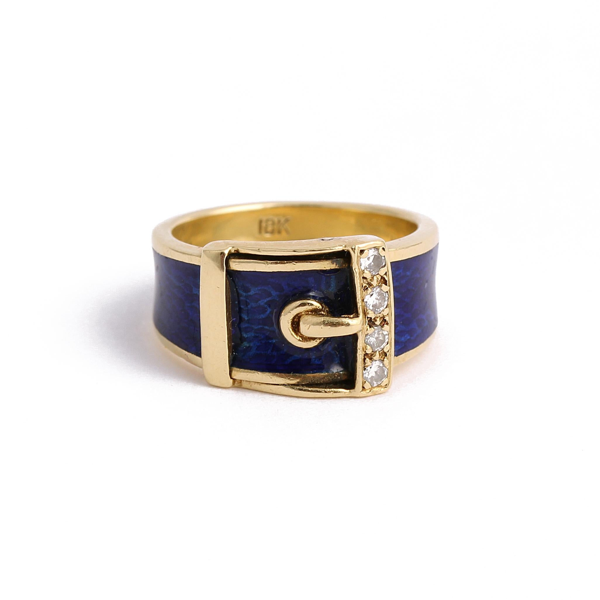 Vintage Diamond & Blue Enamel Buckle 18k Gold Ring