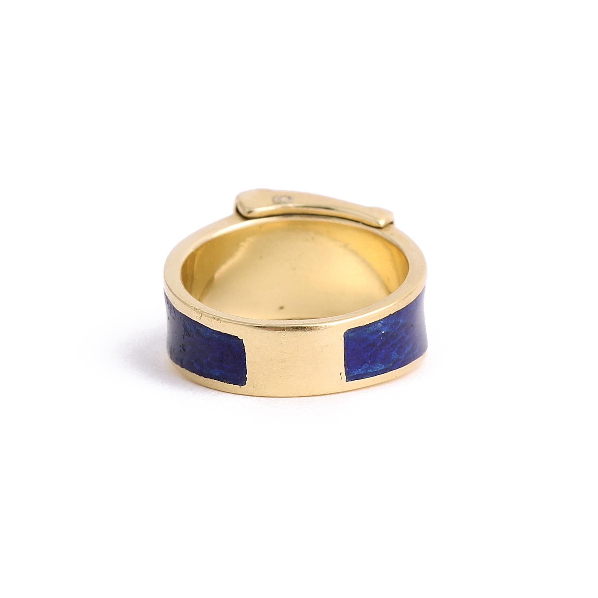 Vintage Diamond & Blue Enamel Buckle 18k Gold Ring