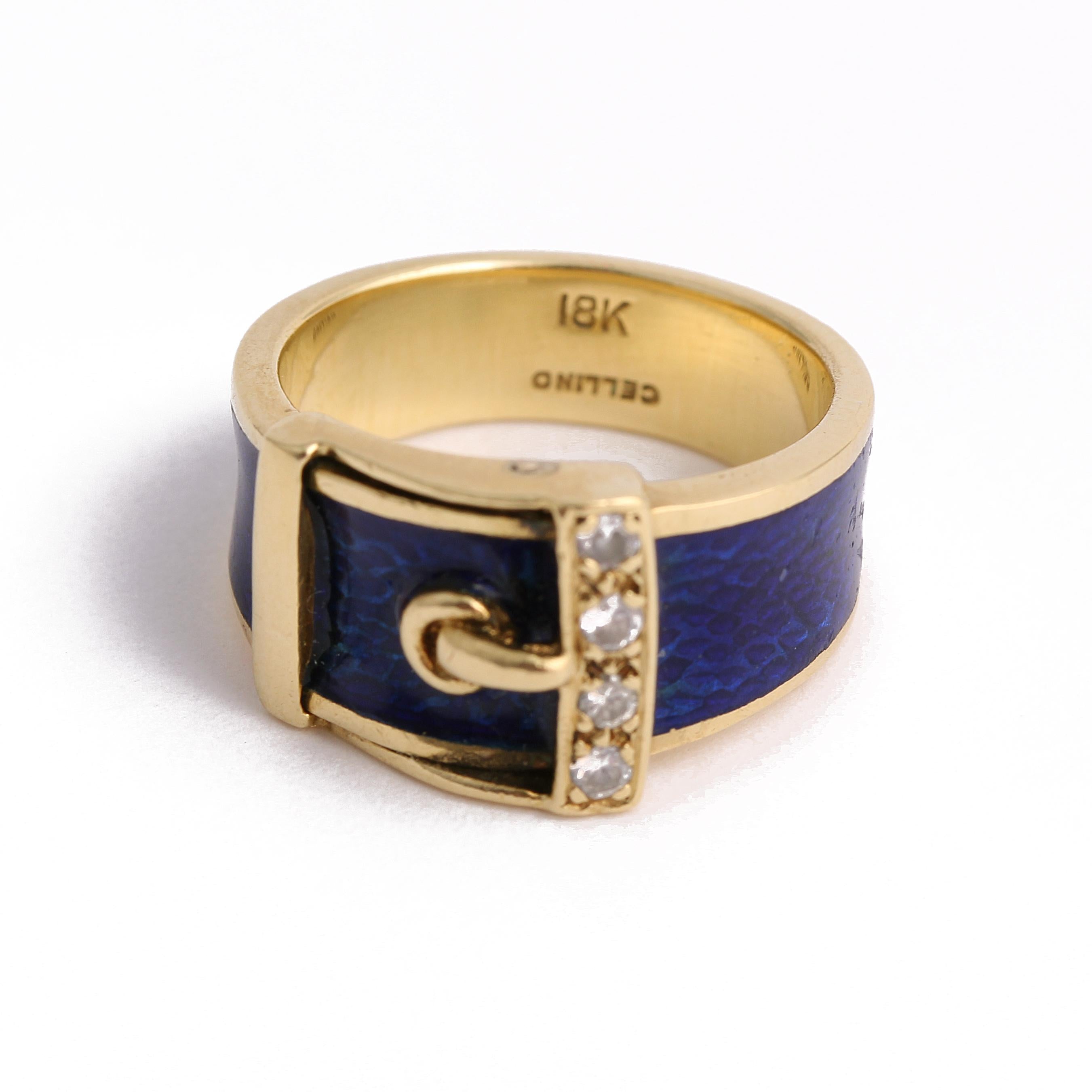 Vintage Diamond & Blue Enamel Buckle 18k Gold Ring