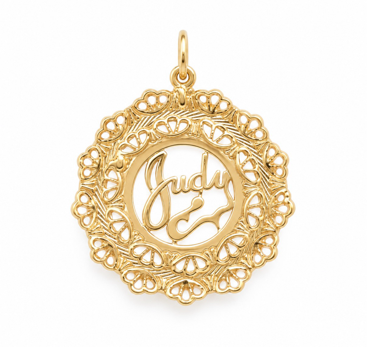 14k Yellow Gold Vintage 1970 Ornate Filigree "Judy" Name Pendant