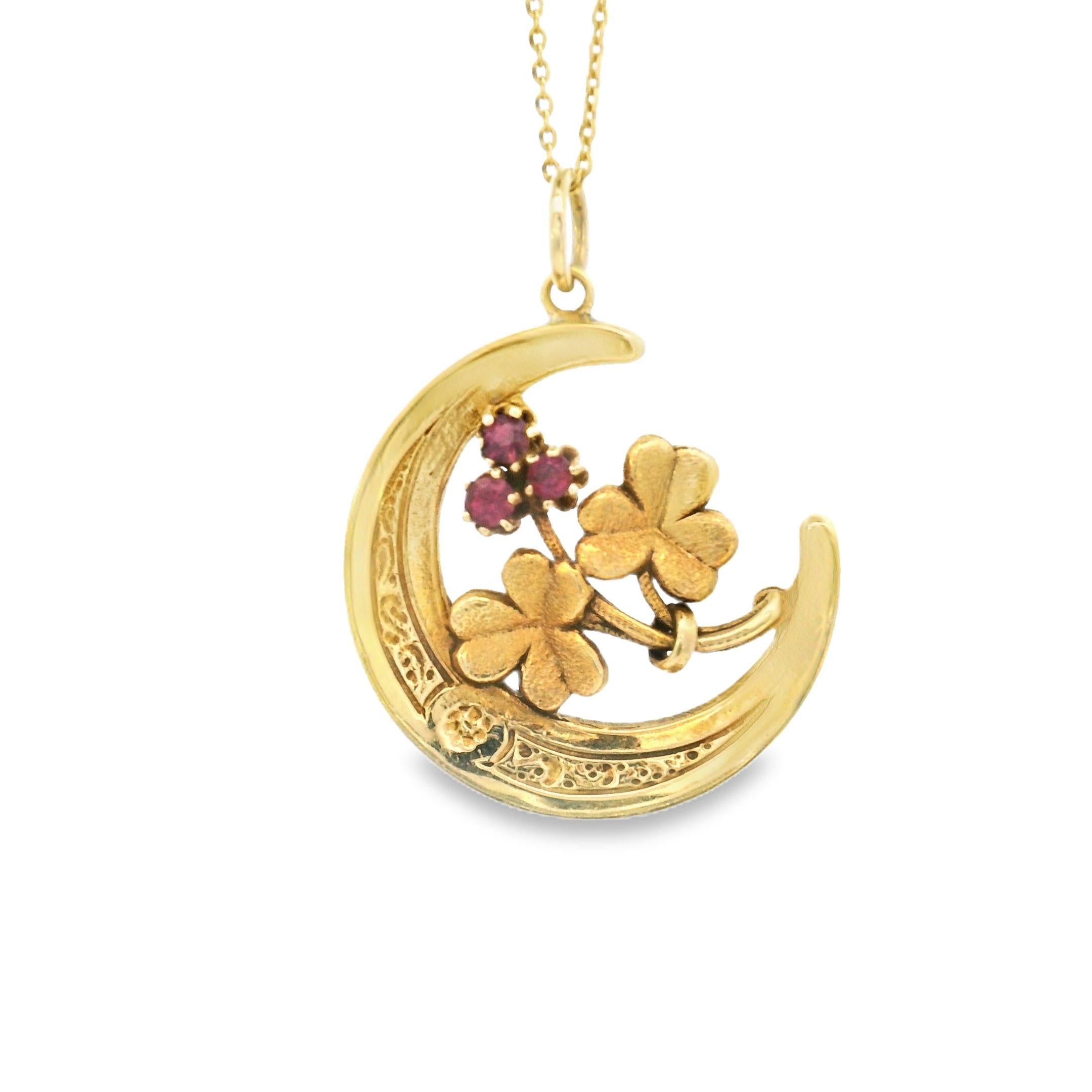 Victorian Ruby Clover Moon 14k Gold Pendant