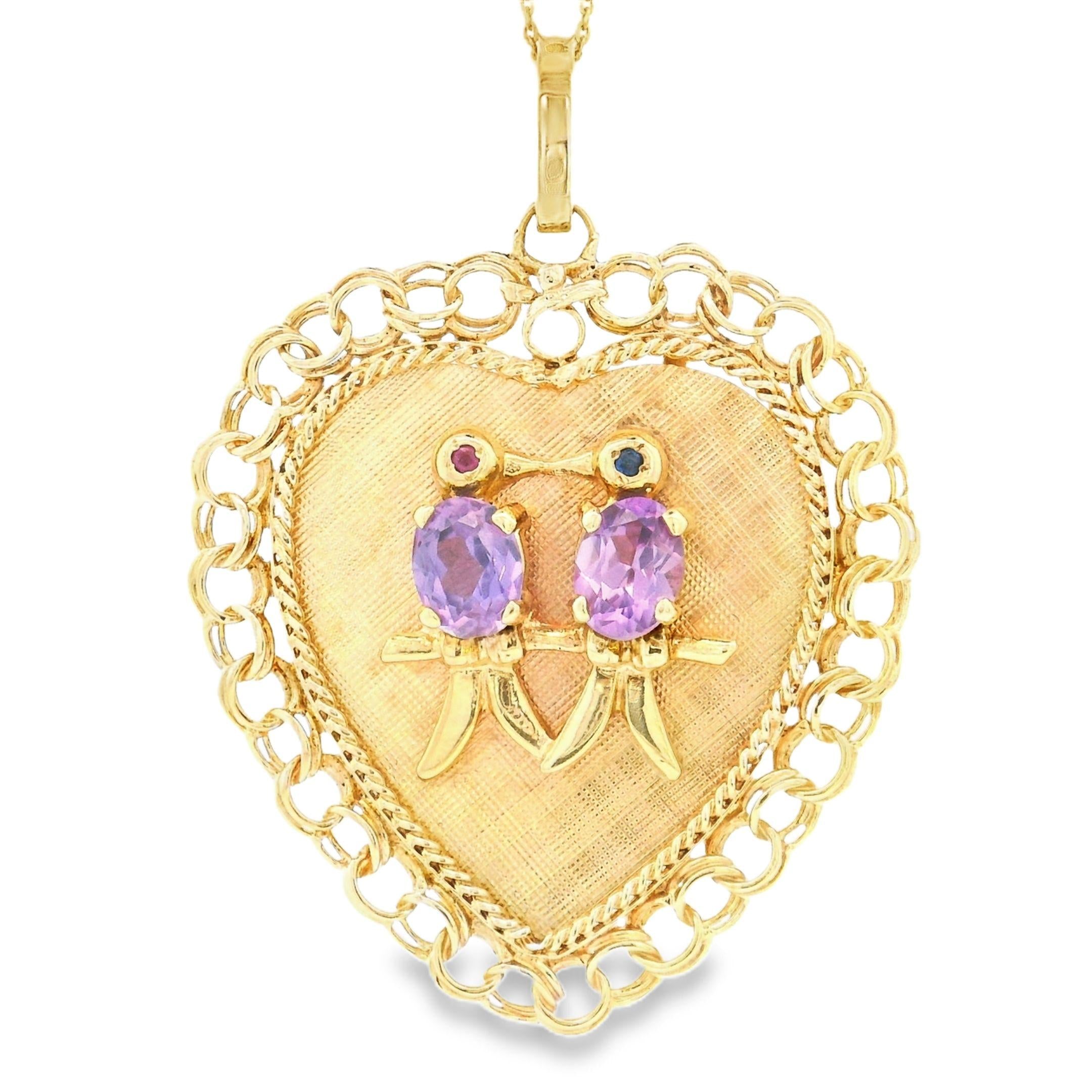 Vintage Amethyst Love Bird Heart 14k Gold Charm