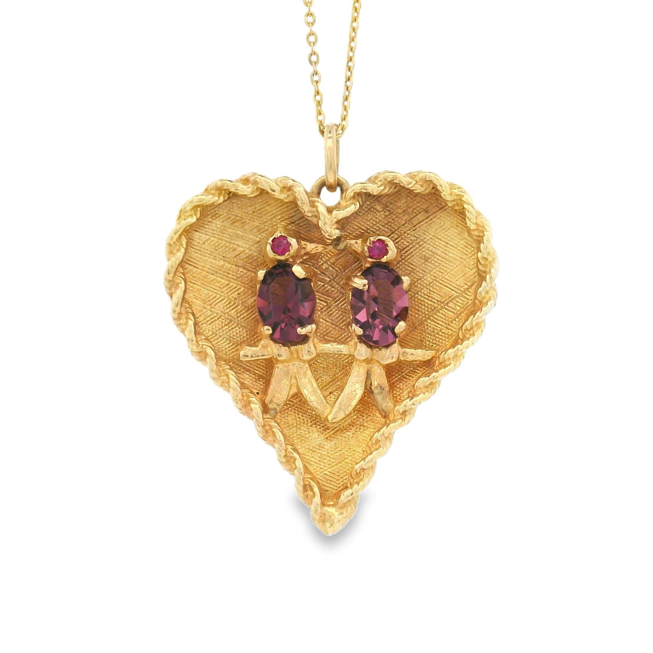 Vintage Ruby Love Bird Engraved 14k Gold Heart Charm