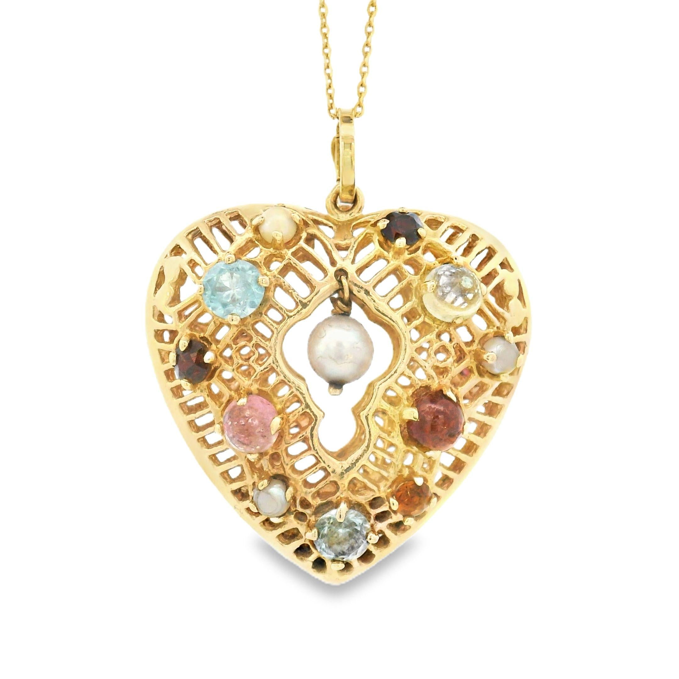 Vintage Pearl Multigem 3-D Heart 14k Pendant