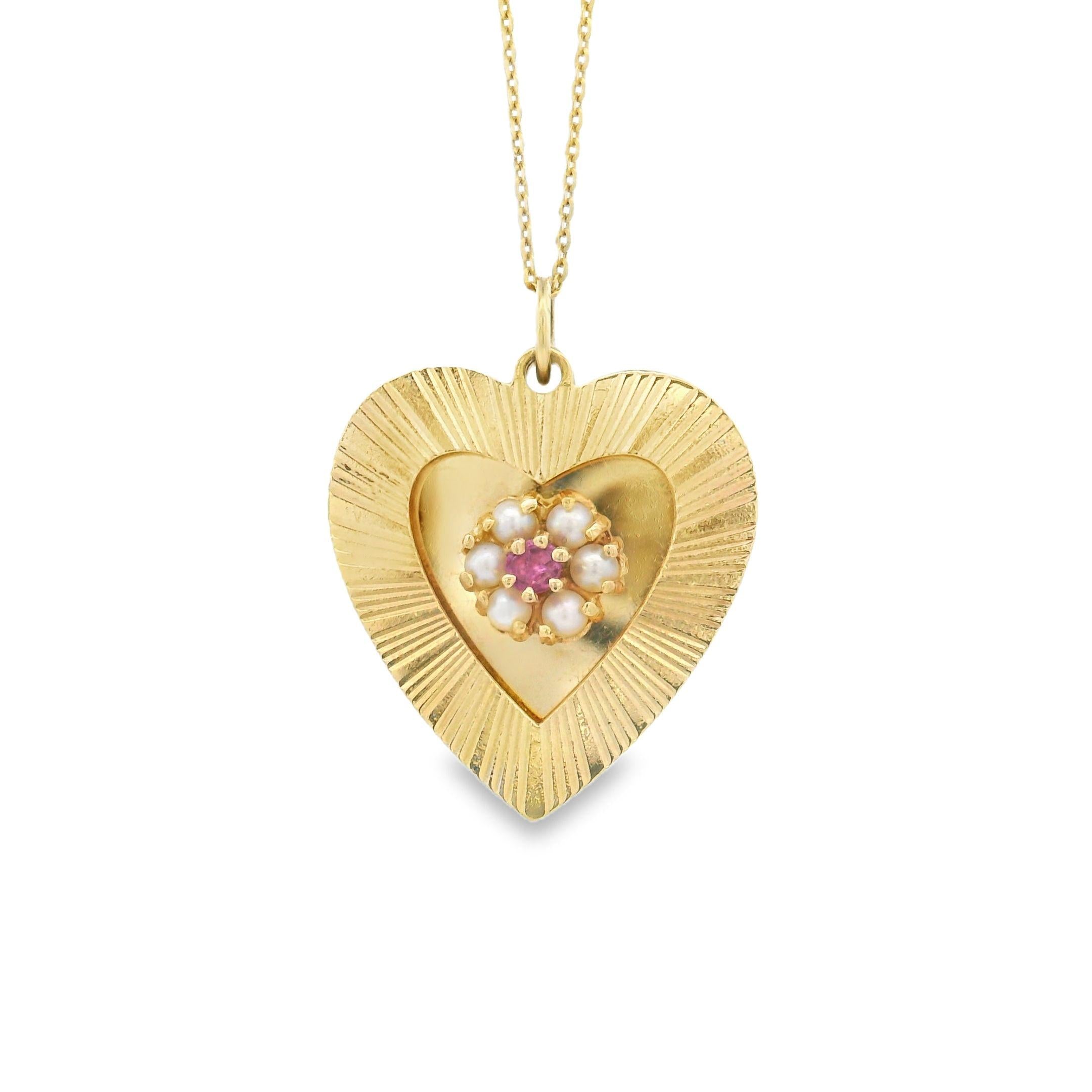 Vintage Pearl and Ruby Two-Tier Heart 14k Gold Charm