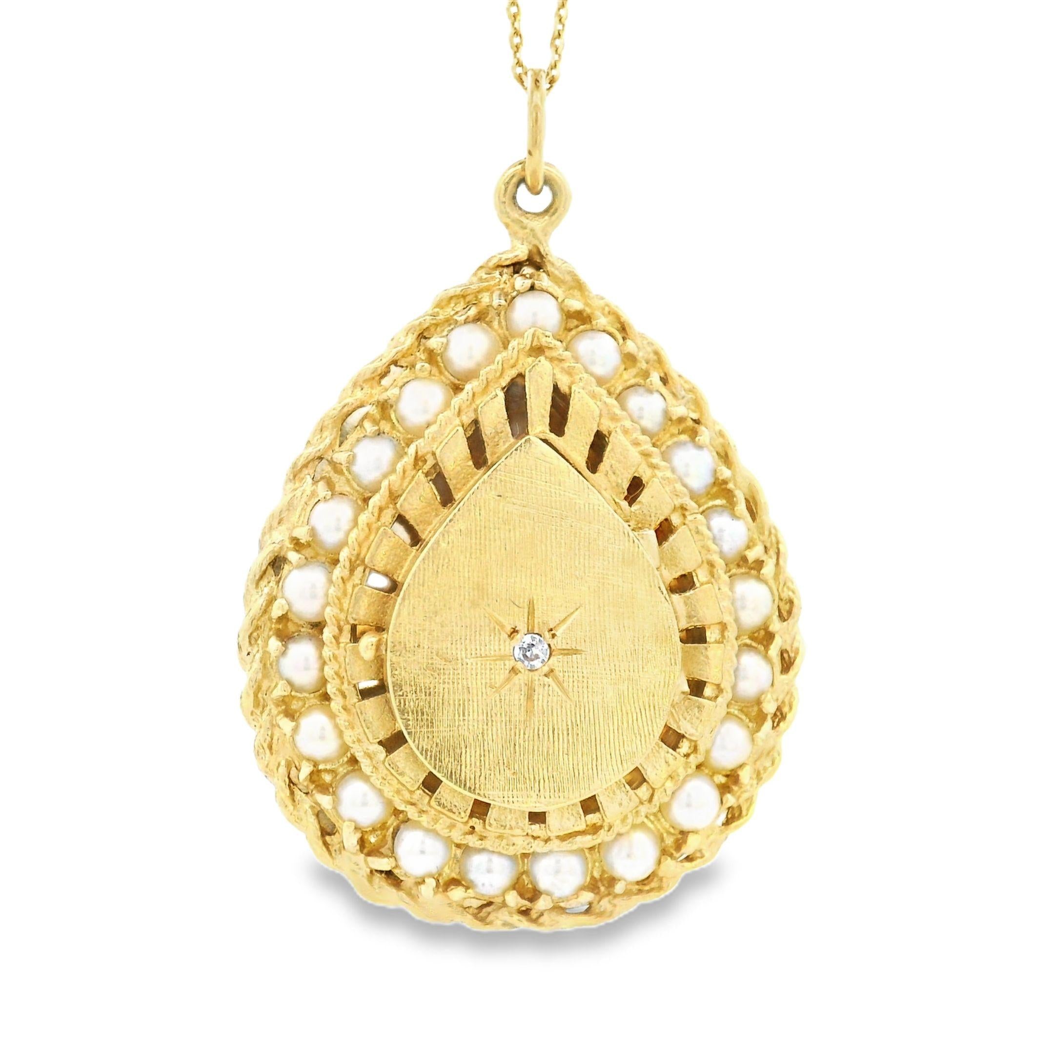 Vintage Diamond and Pearl Engraved Tear Drop 14k Gold Locket