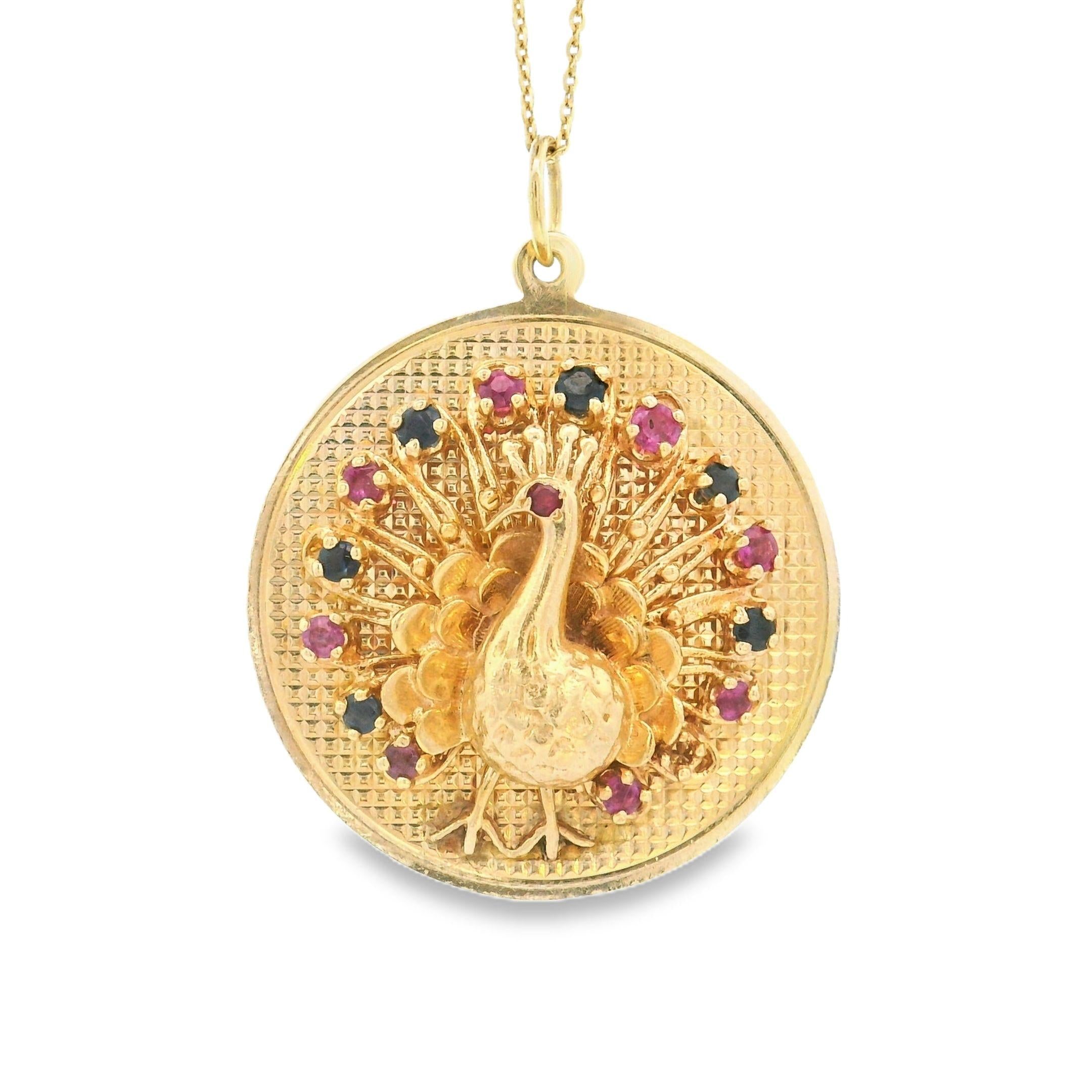 Vintage Blue Sapphire and Ruby Peacock 14k Gold Charm