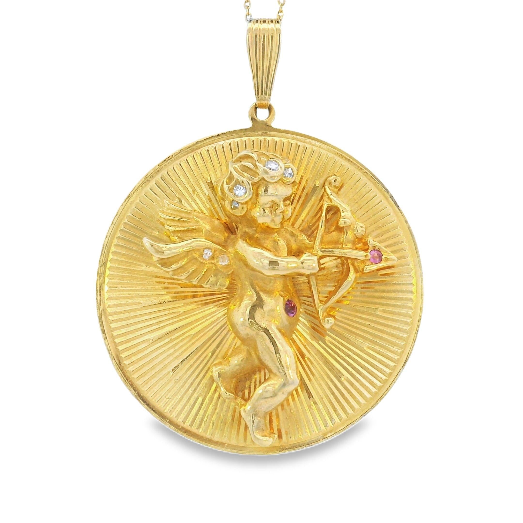 Vintage 14k Gold Diamond and Pink Sapphire Cherub Pendant