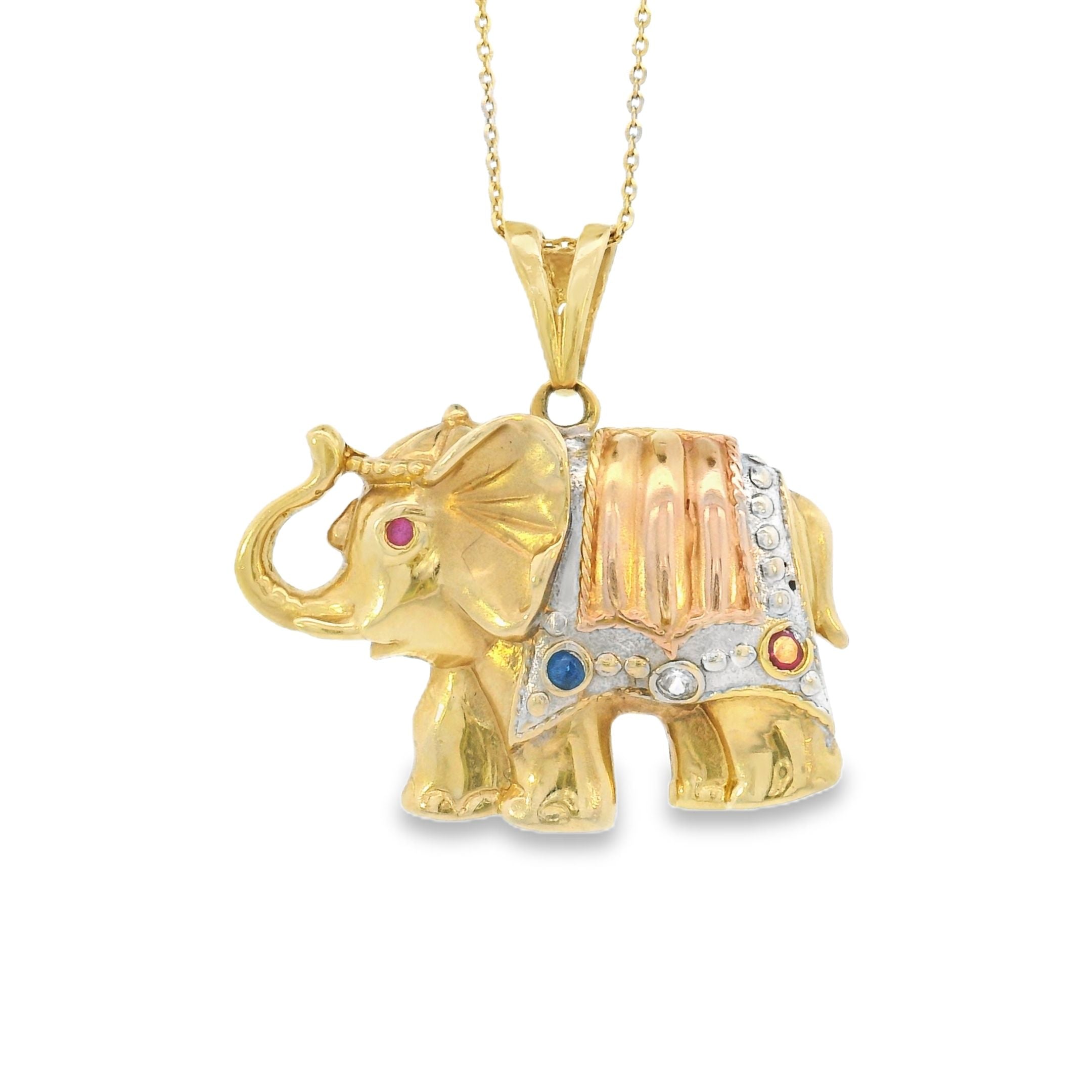 Encanto de oro amarillo y rosa de 14 k con elefante de piedras preciosas vintage