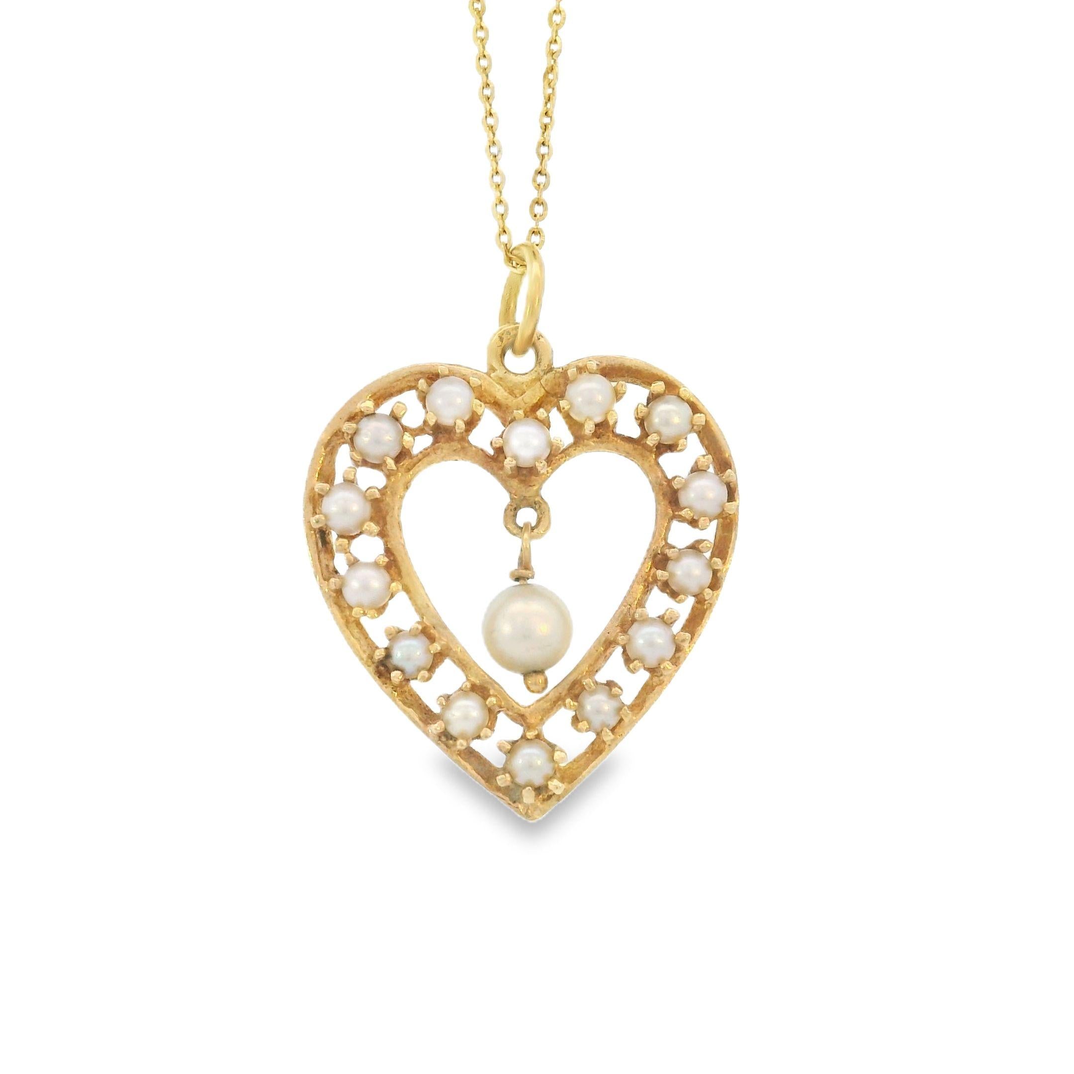 Vintage Pearl Drop Heart 14k Gold Charm