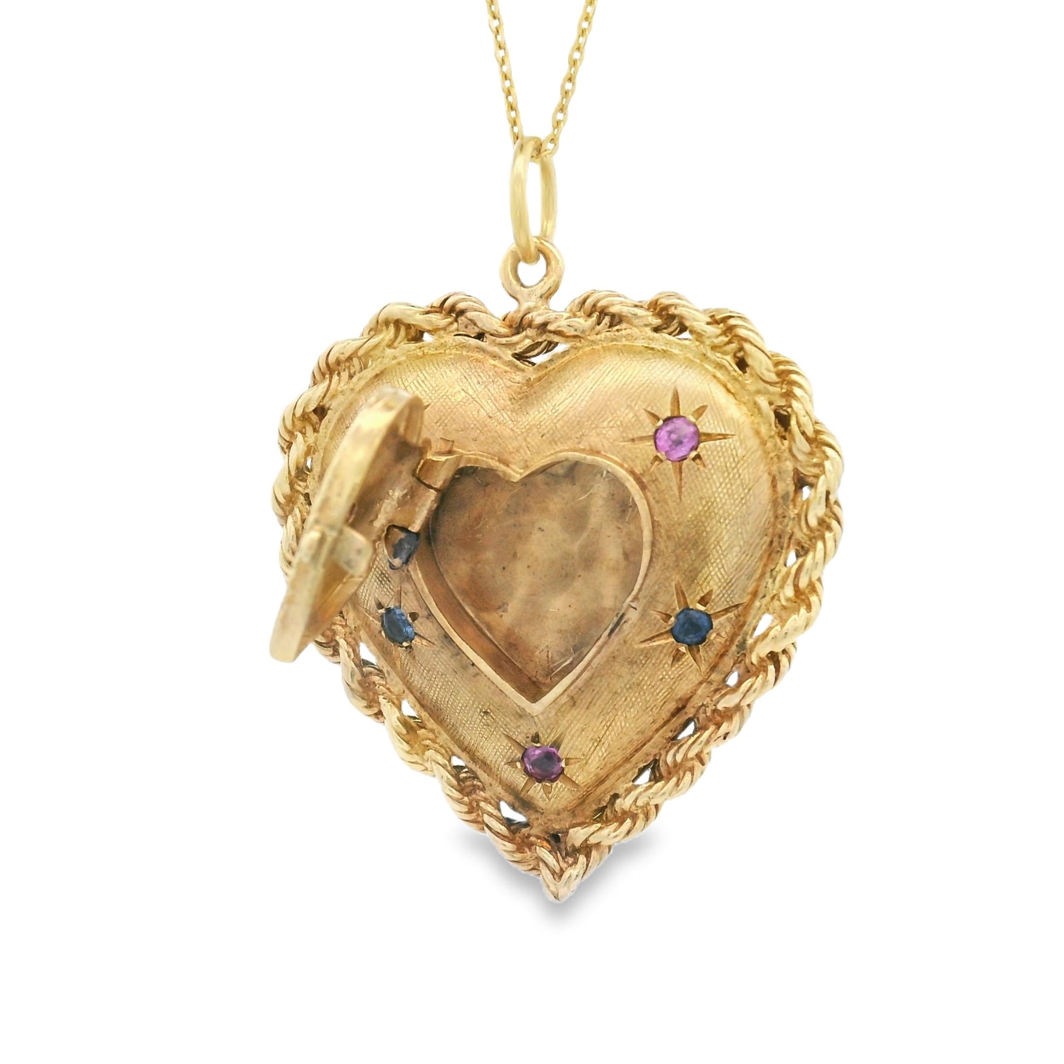 Vintage Ruby and Sapphire Heart 14k Gold Locket