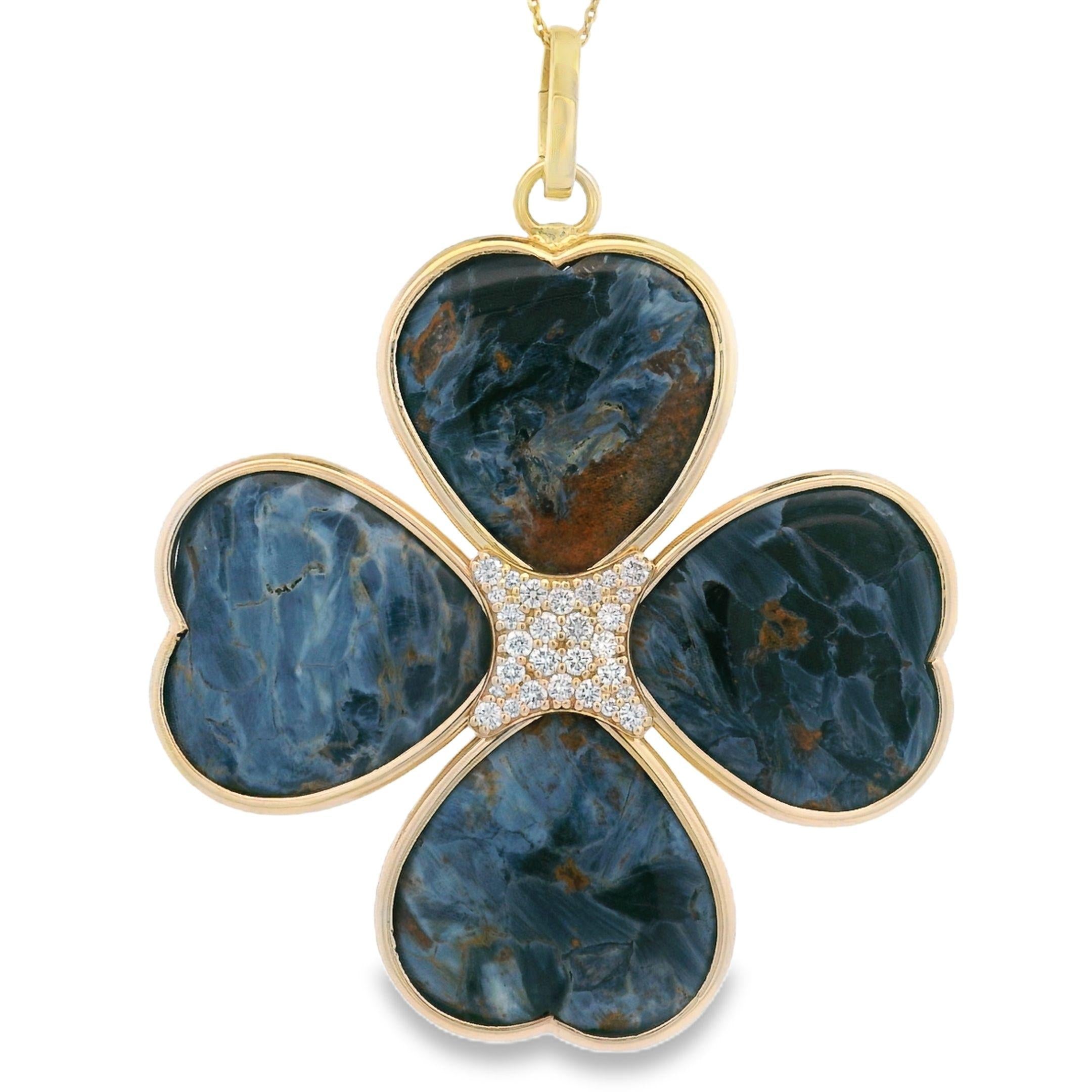 Handmade Diamond and Pietersite Clover 14k Gold Pendant